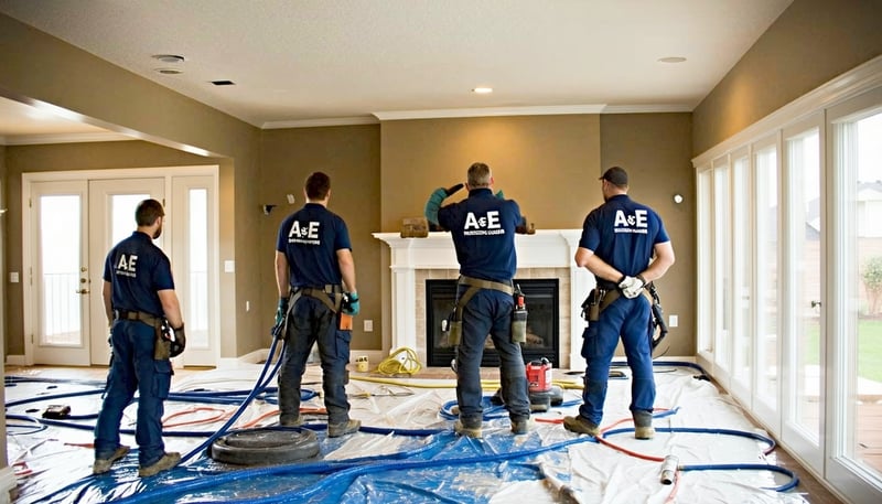 A two-person crew from A&E Restoration working on a water damage cleanup in a home.